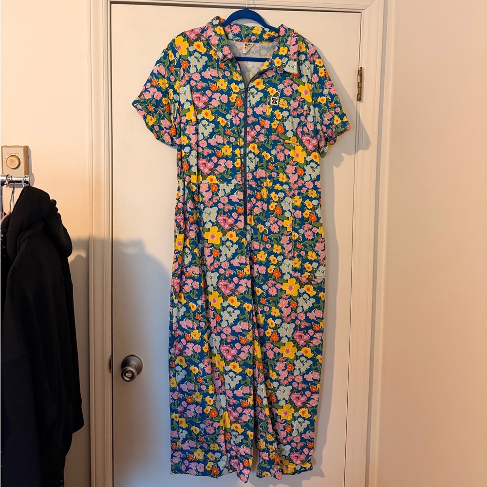 Lucy & Yak Ragan - Cotton Jumpsuit - Island Blooms Scribbled Floral Print UK20